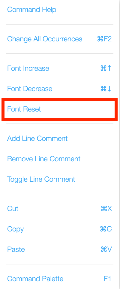 VEXcode V5 Python context menu is shown and the Font Reset option is highlighted. Font Reset is the fifth option in the menu.