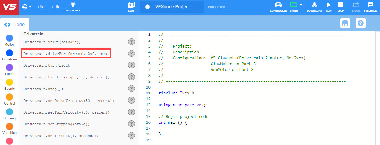 VEXcode V5 with the Drive for command highlighted in the C++ Toolbox.