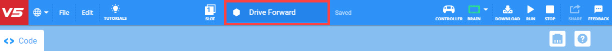 VEXcode V5 Toolbar with the project name field highlighted and renamed to Drive Forward. To the right of the project name a label reads Saved.
