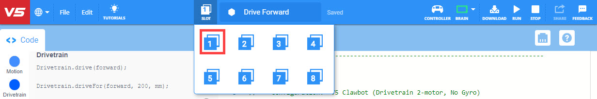VEXcode V5 with the Slots dropdown menu opened. There are 8 available slots for downloading projects to the Brain, and the first slot is highlighted.