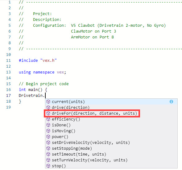 VEXcode V5 C++ Workspace with a dropdown menu of suggested commands. The Drivetrain device and a dot operator have been typed and the keyboard is being used to step through the available commands. The Drive For command is highlighted.