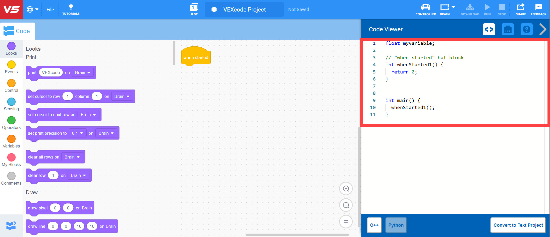 Code Viewer is open and showing a C++ version of the Blocks project.