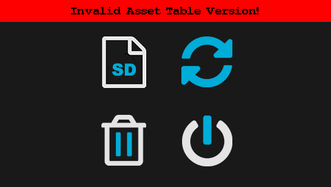 V5 Brain with a red error screen that reads Invalid Asset Table Version! Below there are four icons of an SD card, a refresh circle, a trash can, and a power button.
