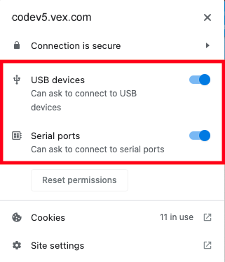 Chrome Site Information dropdown menu is opened and the USB Devices permission option and the Serial Ports permission option are toggled on.