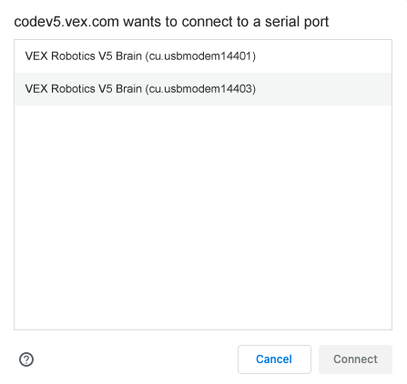 Chrome device connection window is open with two listed items. Both items read VEX Robotics V5 Brain, but they have different connection IDs.