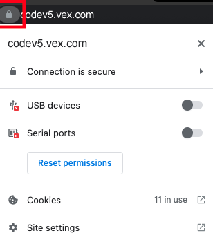 Lock icon next to the Chrome search bar is highlighted. Below, the Site Information dropdown menu is opened for VEXcode V5.