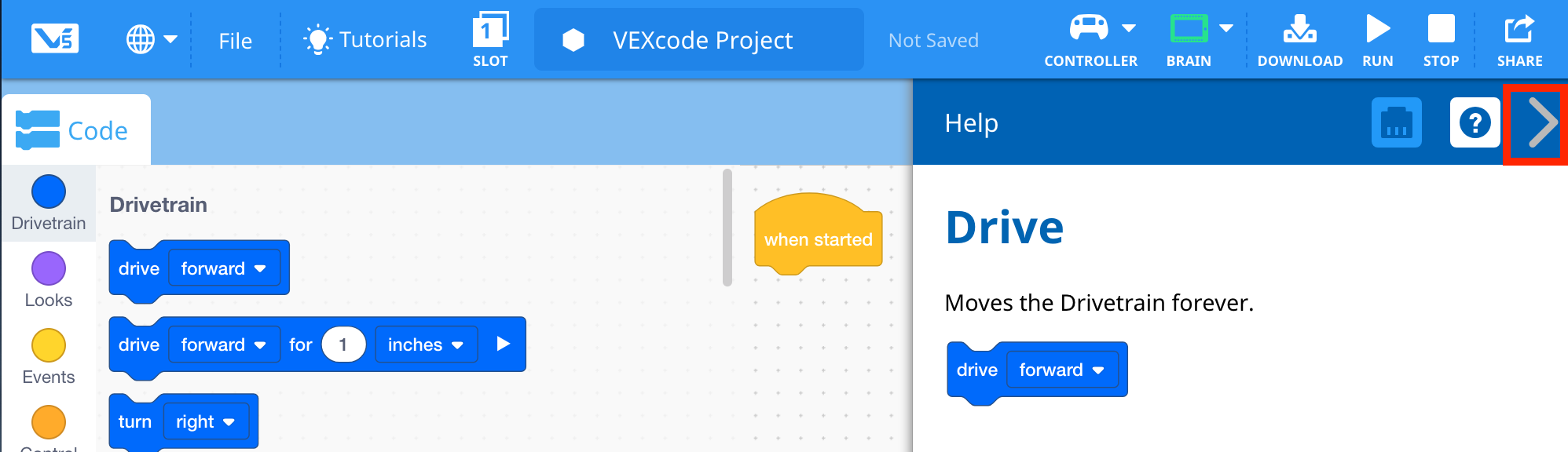 VEXcode V5 with the Help menu opened and the Close Menu arrow in the top right corner highlighted.