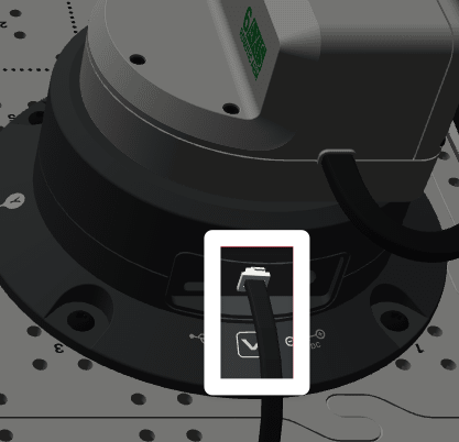 The back of the base of the 6-Axis Arm showing the Smart Cable connected in the center port. The left and right ports are empty.