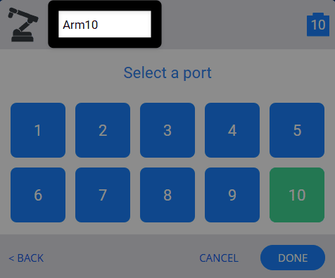 Device configuration in VEXcode EXP showing an Arm configured with a highlight on the name "ARM 10."