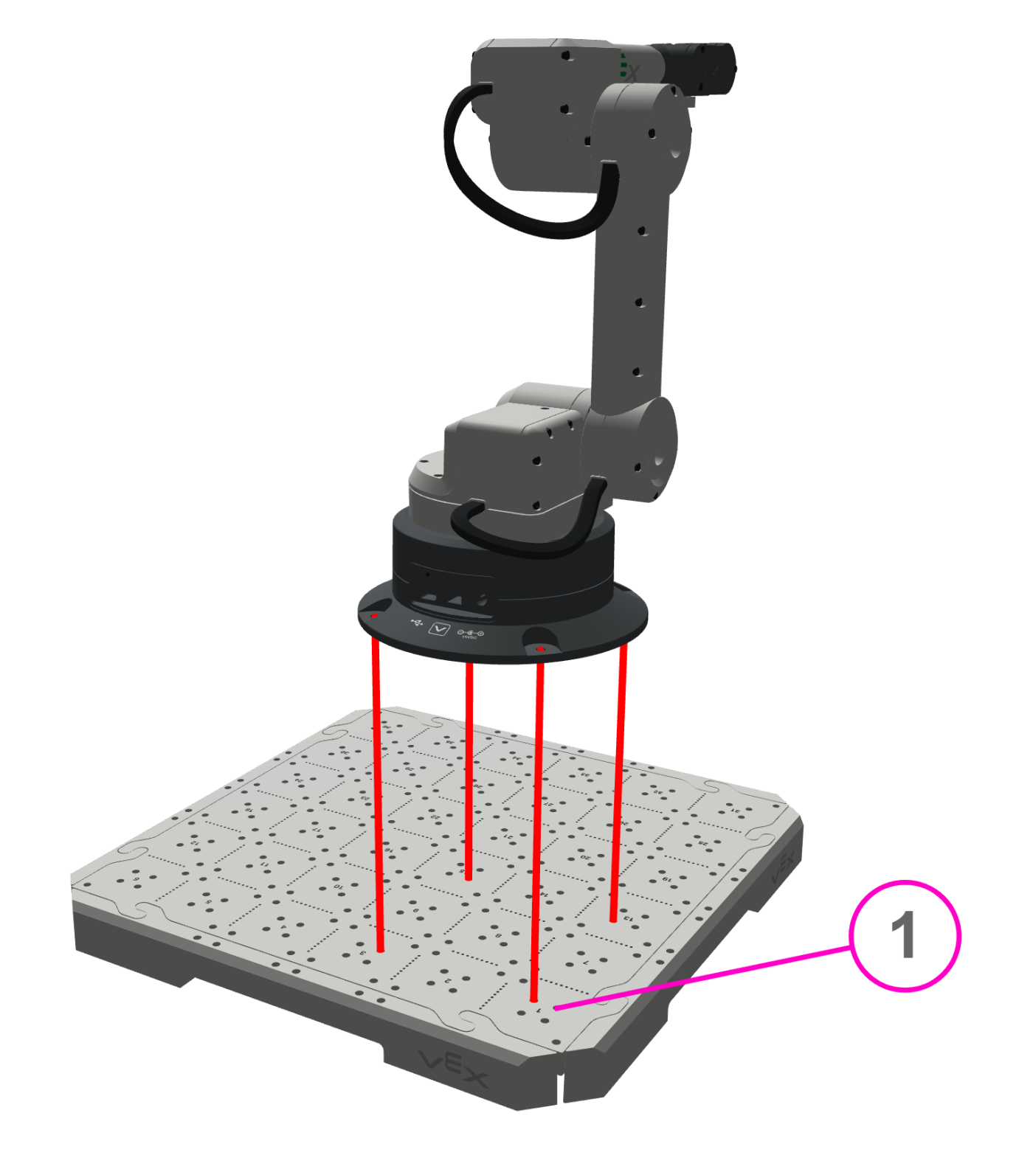 6-Axis Arm hovering above a tile with red lines indicating where the arm should attach to the tile.