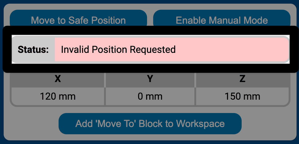 The top portion of the Teach Pendant showing the Status bar reading an error of Invalid Position Requested, highlighted in a red box.