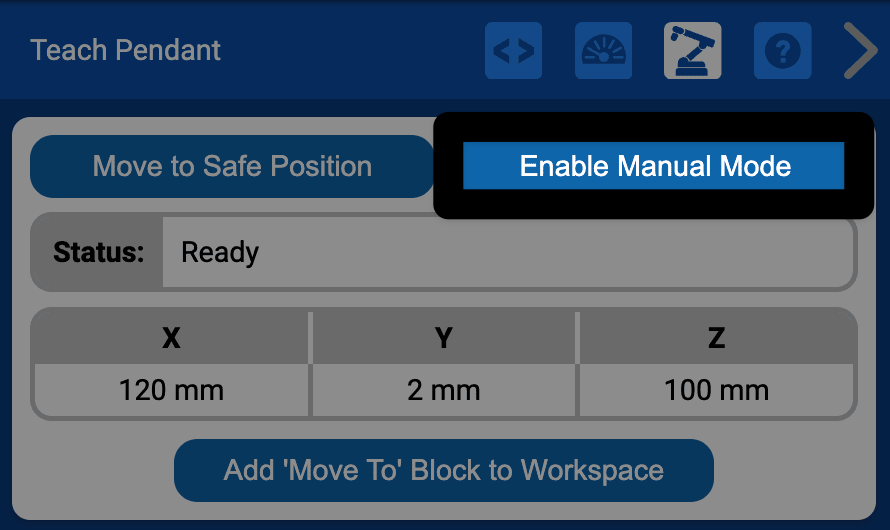 The top portion of the Teach Pendant in VEXcode with the Enable Manual Mode button in the upper right corner highlighted in a red box. The status reads Ready, and the X, y, and z coordinates are shown.