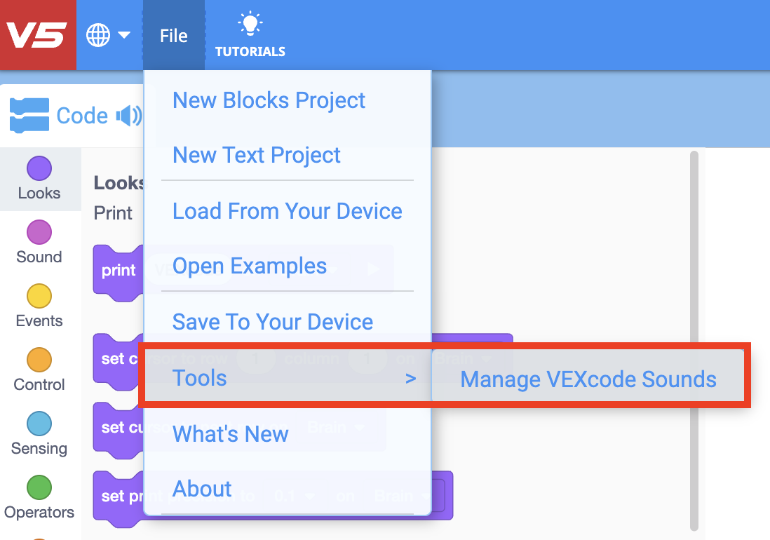 VEXcode V5 Toolbar with the File menu open and the Tools submenu open. The Manage VEXcode Sounds option is inside the Tools submenu and it is highlighted.