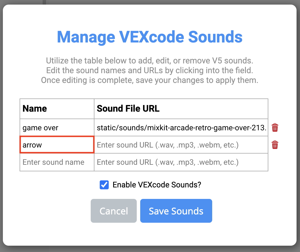 VEXcode V5 Manage VEXcode Sounds menu with the next blank line in the sound list highlighted and the name arrow entered.