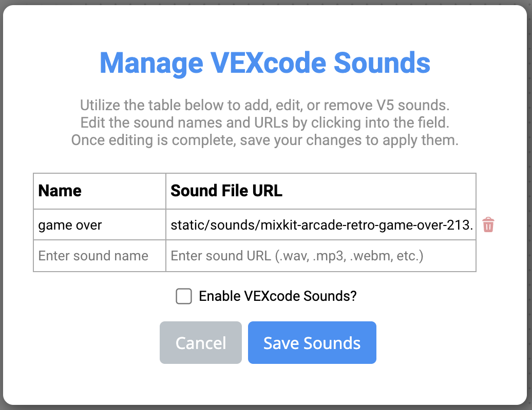 VEXcode V5 Manage VEXcode Sounds menu that contains a list of imported sounds and their file locations. The menu also has a checkbox to Enable VEXcode Sounds, and two buttons below that read Cancel and Save Sounds.