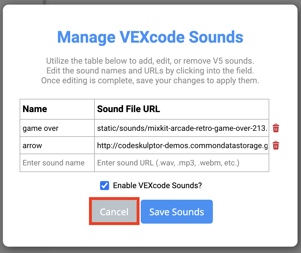 VEXcode V5 Manage VEXcode Sounds menu with the Cancel button highlighted.