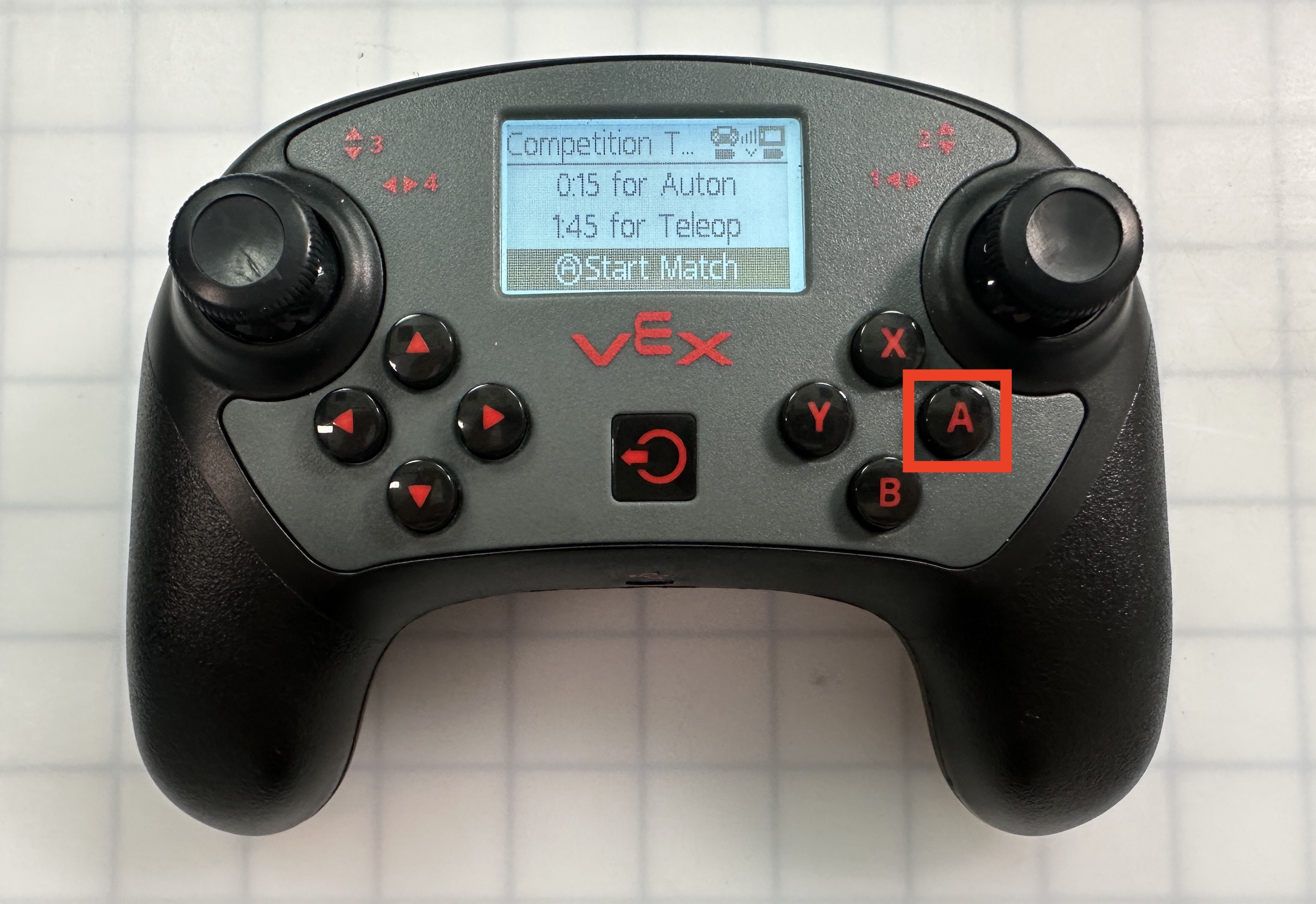 V5 Controller is shown with the Compeition Template project's Start Match screen open. The A button is highlighted.