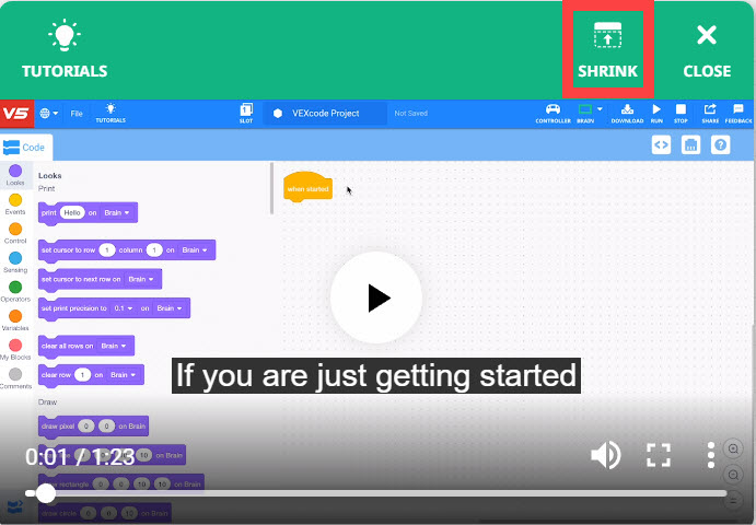Tutorial video is open and the Shrink icon in the top right is highlighted.
