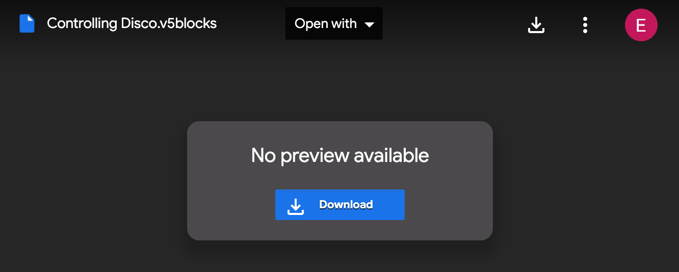 A file is selected in Google Drive, and in the top left corner the name reads Controlling Disco.v5blocks. In the middle of the screen there is a prompt that reads No preview available, and below that there is a blue Download button.