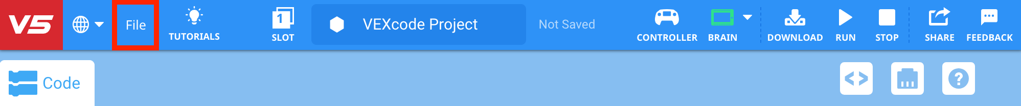 VEXcode V5 Toolbar with the File icon highlighted in between the Language and Tutorials icons.