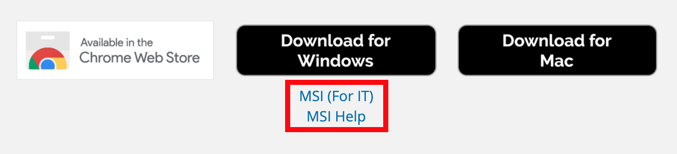 VEXcode V5 Download options for Desktop including Chrome Web Store, Windows, and Mac platforms. Two links below the Windows download button read MSI (For IT) and MSI Help, and the links are highlighted.