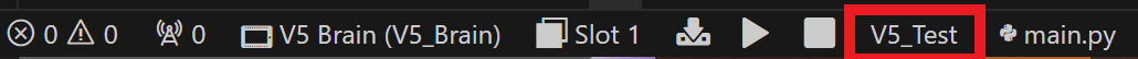 Project Selector icon is highlighted on the VS Code toolbar. The Project Selector shows the name of the selected project, and in this example it reads V5_Test.