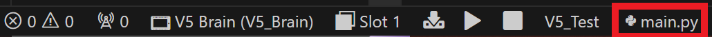 Python File Selector icon is highlighted on the VS Code toolbar. The Python File Selector shows the name of the selected Python file, and in this example it reads main.py.