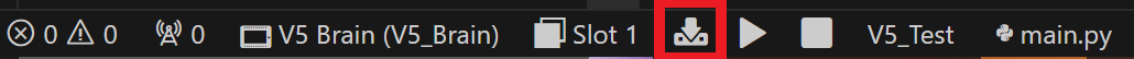 Download icon is highlighted on the VS Code toolbar. This can be clicked to download the project to the selected Slot on a connected VEX Brain.