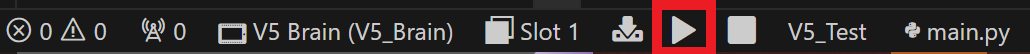Play icon is highlighted on the VS Code toolbar. This can be clicked to run the downloaded project on a connected VEX Brain.