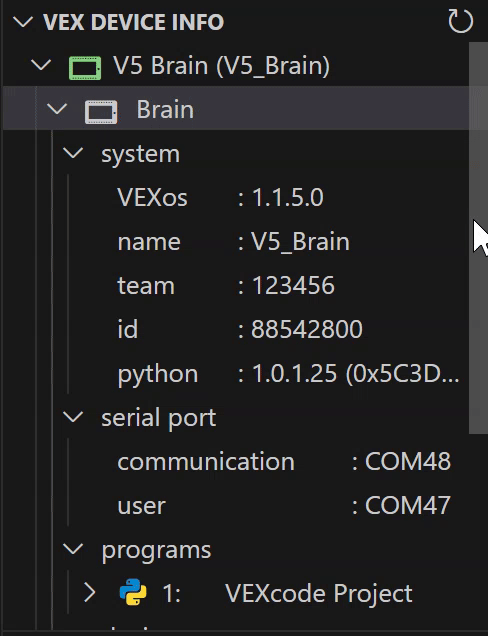 The VEX Robotics Extension has been opened and the VEX Device Info category is shown, with a list of all connected devices and specific info about each one. In this example, the Brain, its downloaded programs, and a Controller are shown.