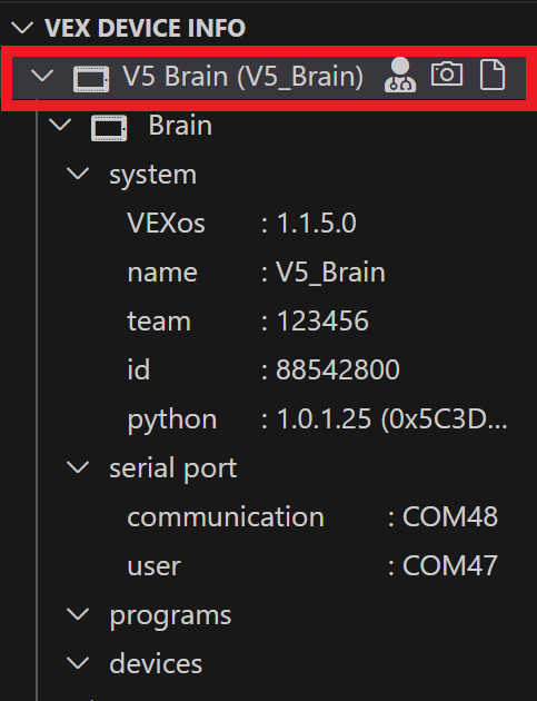 VEX Device Info section with the VEX Device Indicator folder highlighted. In this example, the VEX Device Indicator folder reads V5 Brain (V5_Brain).