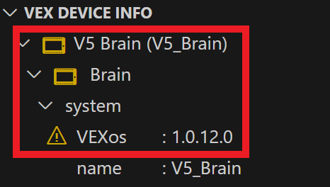 Brain folder icon and the VEX Device Indicator icon are shown in orange, and there is a hazard symbol next to the system's VEXos version. These signs indicate that the Brain's VEXos version is out of date.