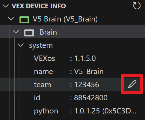 Cursor is hovering over the Team option inside the System folder, and there is a Pencil icon next to it that is highlighted.