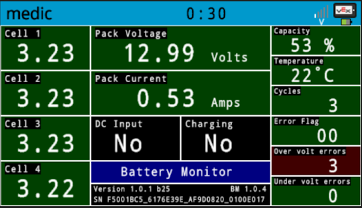 V5 Brain screen is shown in the Battery Diagnostics screen, with a menu of data about the battery's status.