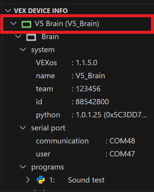 VEX Device Info section with the VEX Device Indicator folder highlighted. In this example, the VEX Device Indicator folder reads V5 Brain (V5_Brain).