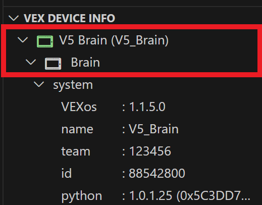 VEX Device Info section with the VEX Device Indicator and Brain folders highlighted. The VEX Device Indicator folder icon is colored green and the Brain folder icon has turned white. There is no hazard symbol next to the system's VEXos version. These signs indicate that the Brain's VEXos firmware is up to date.