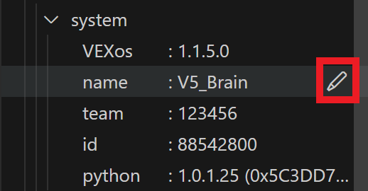 Cursor is hovering over the Name option inside the System folder, and the pencil icon is highlighted.