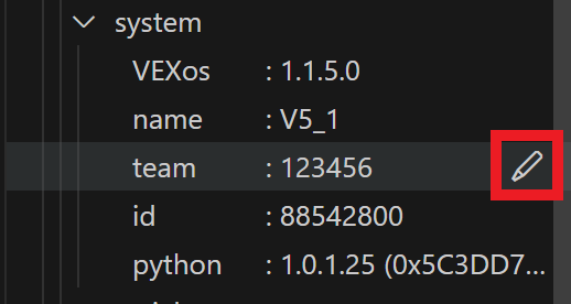 Cursor is hovering over the Team option inside the System folder, and the pencil icon is highlighted.