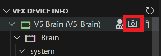 Cursor is hovering over the VEX Device Indicator folder and there is a Battery Medic icon, a Camera icon, and an Event Log icon next to it. The Camera icon is highlighted.