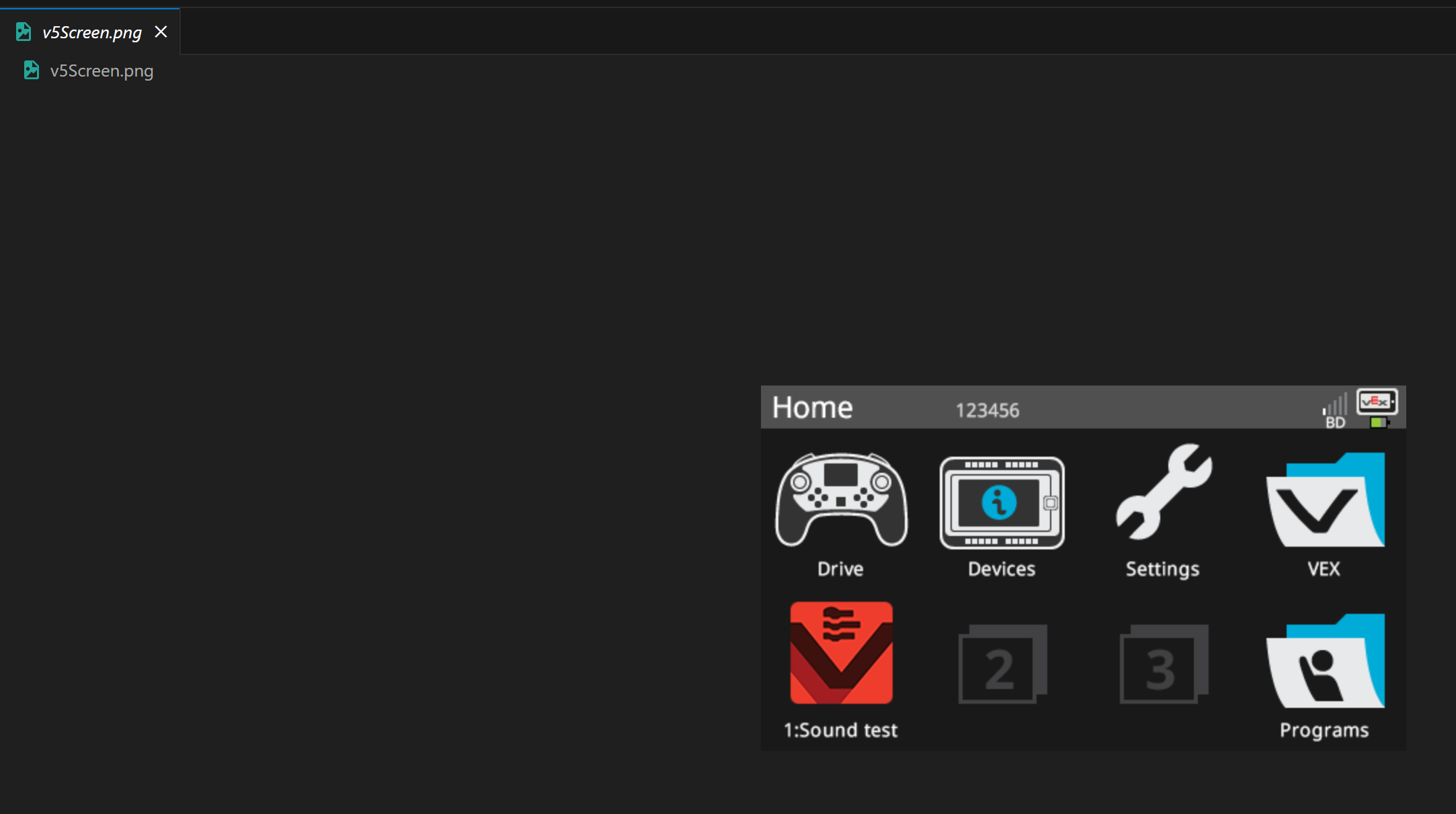 VEX Brain screenshot is shown opened in VS Code from the user's Documents folder. Brain screenshots show an image of the entire screen, including the indicator icons at the top and any menu options at the bottom.