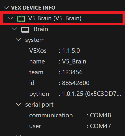 VEX Device Info section with the VEX Device Indicator folder highlighted. In this example, the VEX Device Indicator folder reads V5 Brain (V5_Brain).