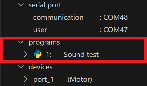Programs folder and its contents are shown highlighted underneath the Brain folder. The Programs folder shows all of the downloaded VEX projects on the Brain. In this example, there is one Python program downloaded to the connected Brain.