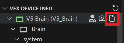 Cursor is hovering over the VEX Device Indicator folder and there is a Battery Medic icon, a Camera icon, and an Event Log icon next to it. The Event Log icon is highlighted.