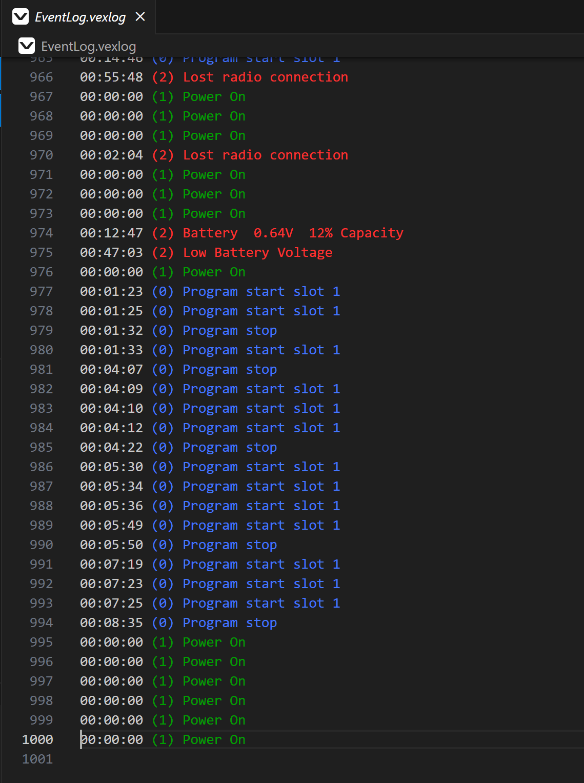 VEX Brain's Event Log is shown opened in VS Code from the user's Documents folder. The Event Log shows a message with a time stamp each time the Brain is powered on or off, or when a program starts.