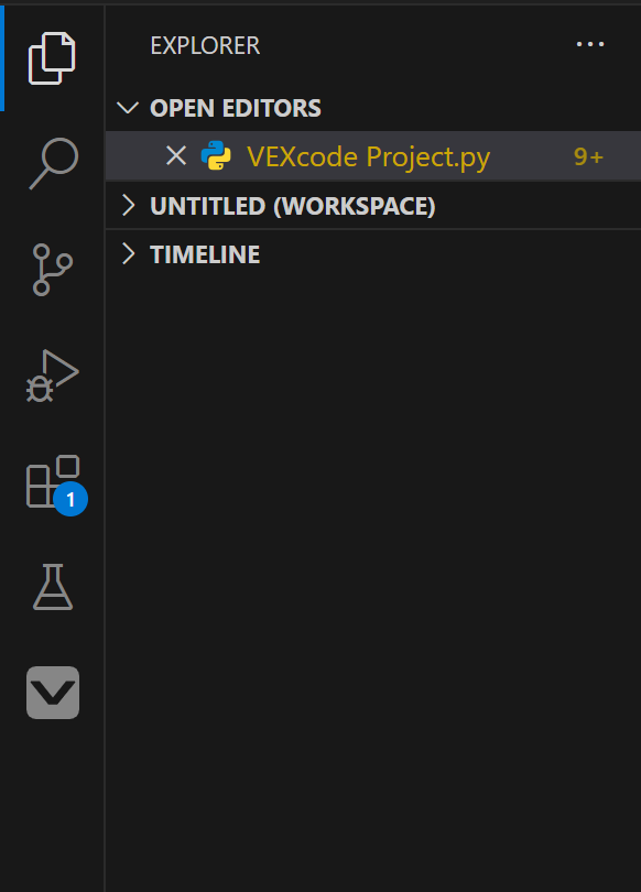 VS Code Explorer View that allows the user to navigate the folders and files in their VEX project. The files have corresponding icons and file types shown, in this example a Python file is selected and the title reads VEXcode Project.py.