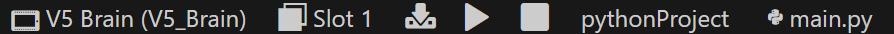 VS Code Toolbar with VEX Extension icons that can be used to quickly interact with connected VEX devices and projects. The VEX features include the Device Picker, the Slot Selector, the Build & Download icon, the Play icon, the Stop icon, the Project Selector, and the Python File Selector.