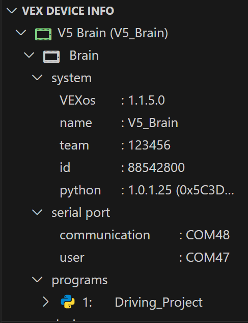 VEX Device Info section of the VEX Extension View is shown, with a list of all connected devices and specific info about each one. In this example, a V5 Brain and its downloaded programs are shown.