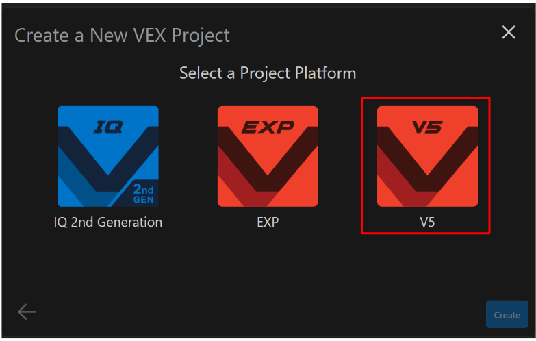 Create New VEX Project dialog with the V5 platform icon selected as the project type.