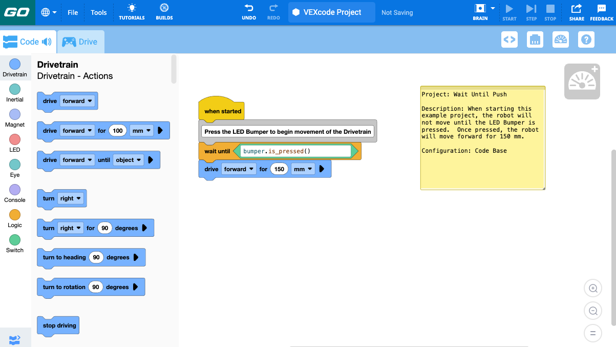 A screenshot of VEXcode GO block-based coding with a project in the workspace, using a combination of blocks and a switch block with a Python command typed in it. A note on the right describes the project, and on the left side the block toolbox shows available blocks.