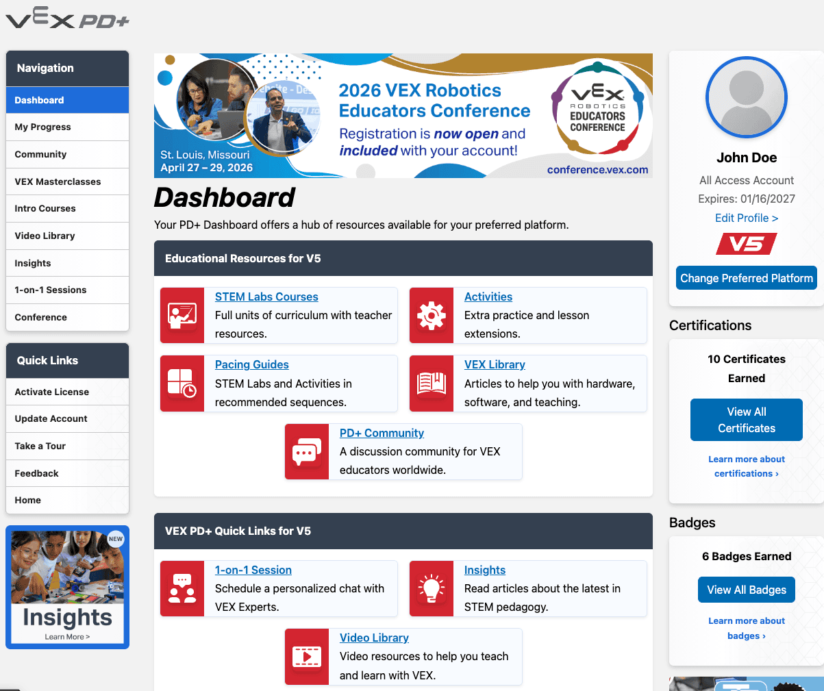 The PD+ Dashboard for V5 showings links to PD+ resources on the right, and educational resources for V5 in the center of the page.